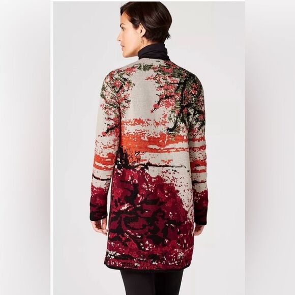 J. Jill Luxurious Black Red Cotton Wool  Jacquard Knit Cardigan Duster Small - Picture 3 of 9